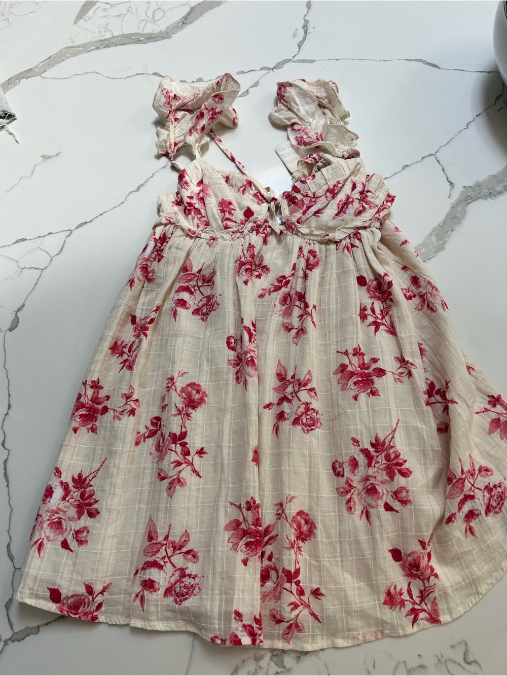 Floral Ruffle Strap Midi Dress in Cream with Pink Roses
